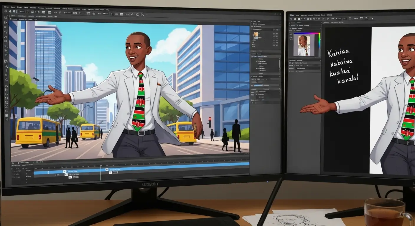 Kenyan animator creating a vibrant 2D animated character in professional animation software on a dual monitor setup for an explainer video production in Kenya