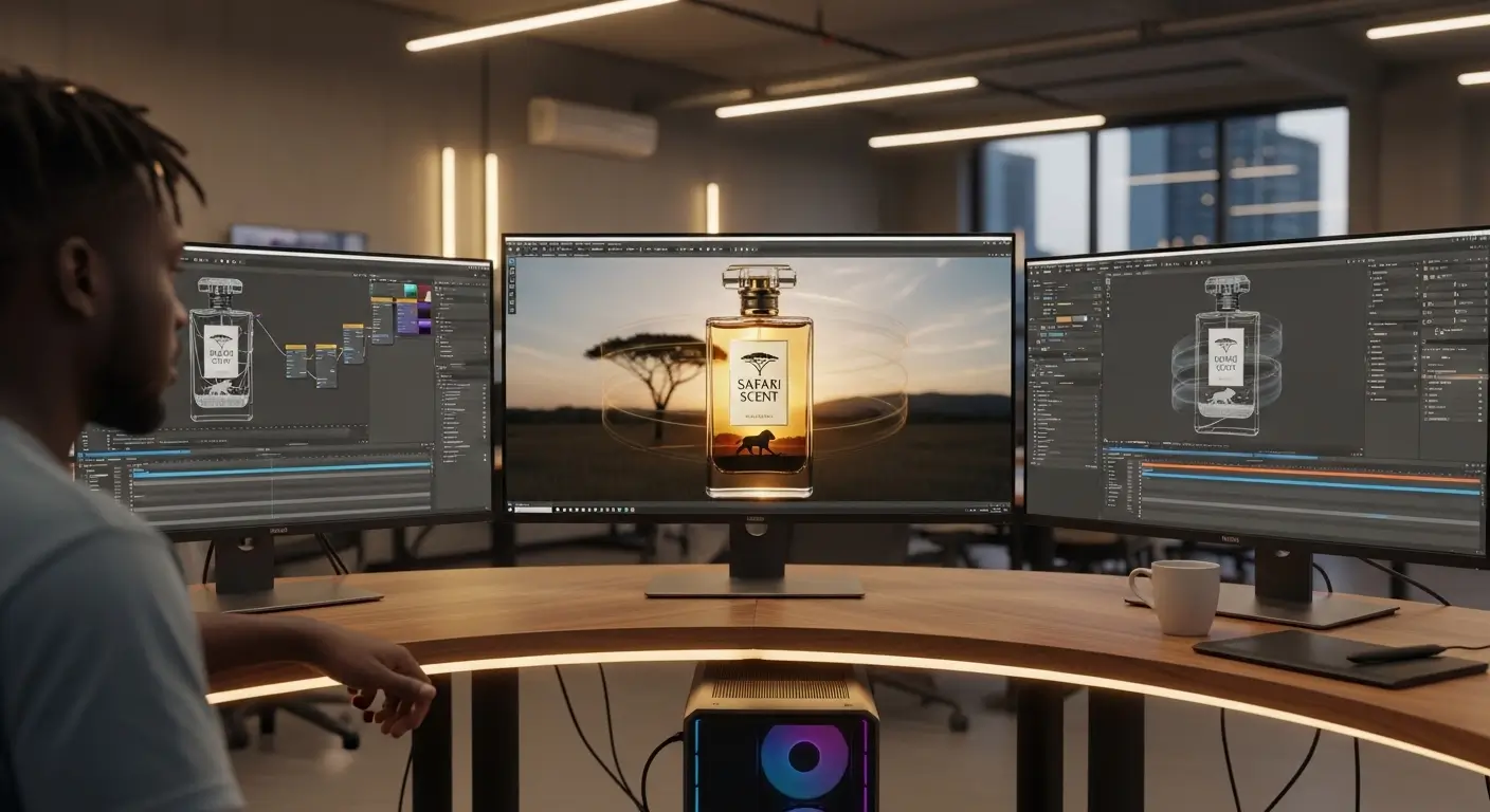 Kenyan 3D animator working on a photorealistic product animation render across multiple monitors in a high end Nairobi animation studio