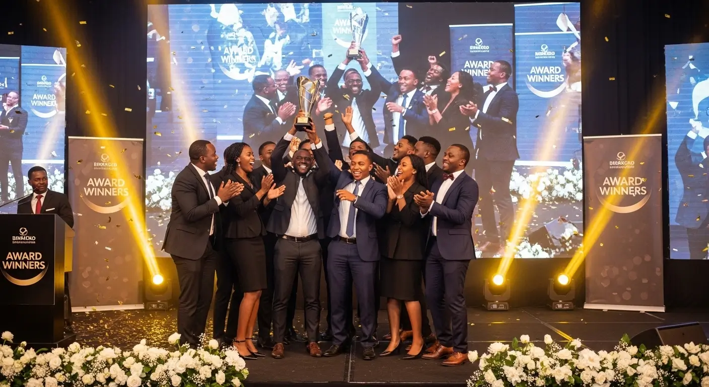 Kenyan business team celebrating a corporate award win with their professional pitch video displayed on a large screen at an elegant Nairobi event venue
