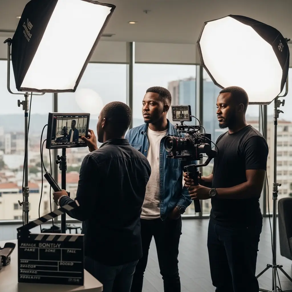 Kenyan videographer and director reviewing playback on a professional film set in a modern Nairobi office building with city skyline visible in background