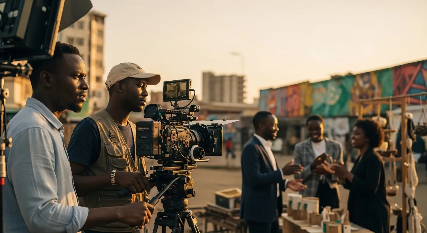 Kenyan film director capturing a cinematic brand story video on location in Nairobi with an entrepreneur and their team during golden hour