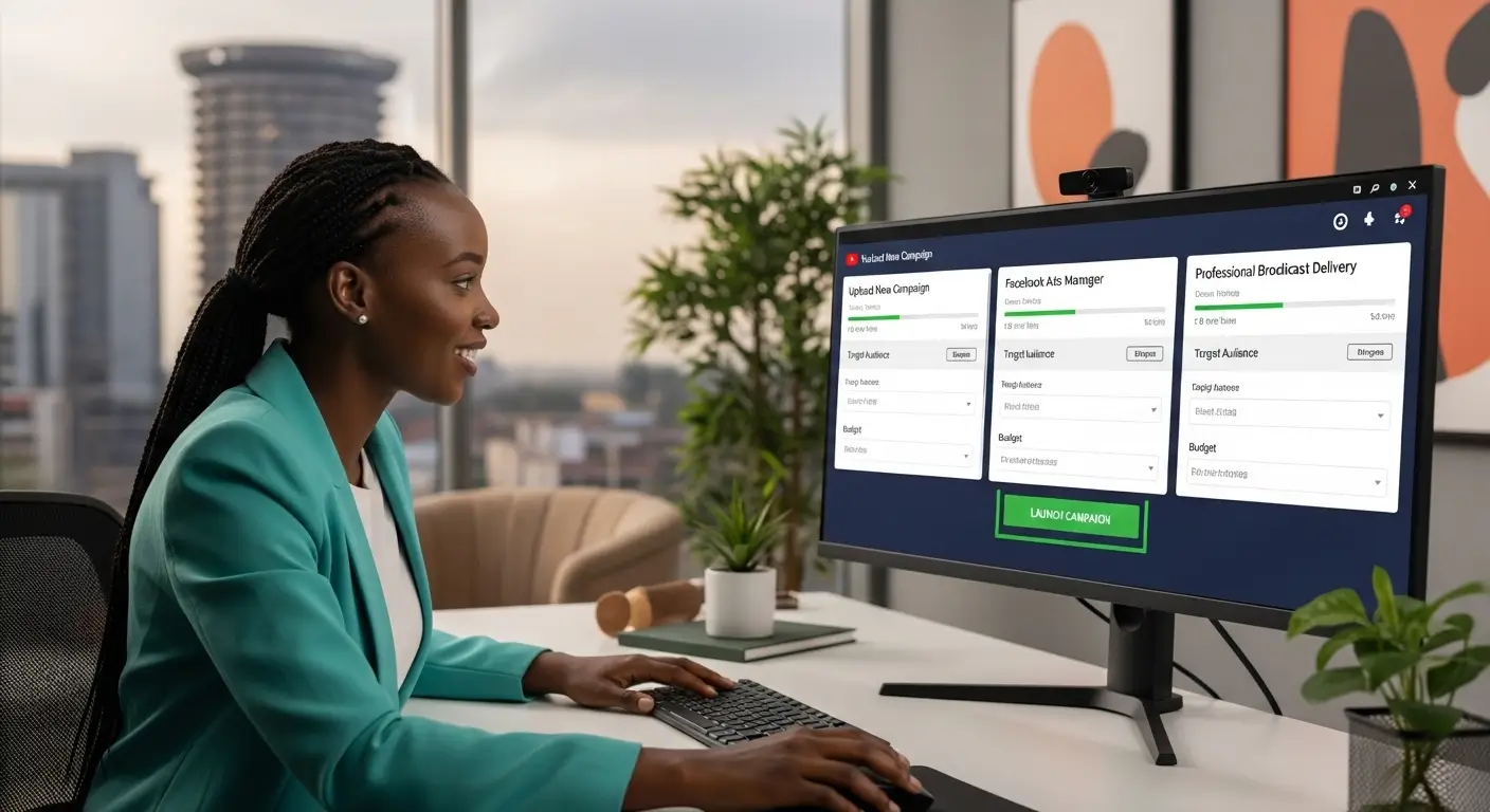 Kenyan digital marketing manager launching a commercial advertisement campaign across YouTube Facebook and broadcast platforms simultaneously in a modern Nairobi office