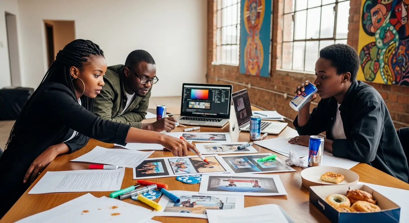 Kenyan creative team reviewing commercial script pages and storyboard sketches during concept development in a bright Nairobi studio