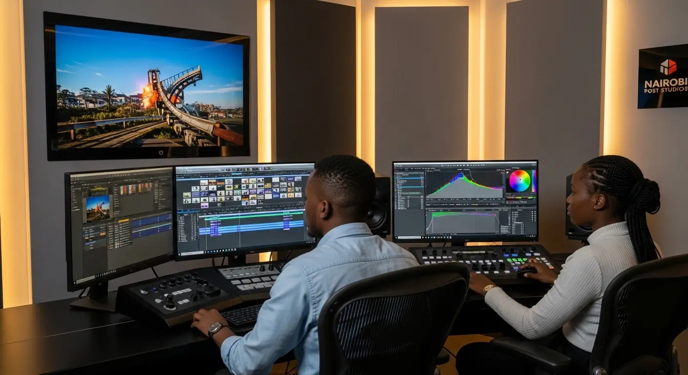 Kenyan commercial editor and colorist working side by side in a high end Nairobi post production suite with color grading panels and commercial timeline on multiple monitors