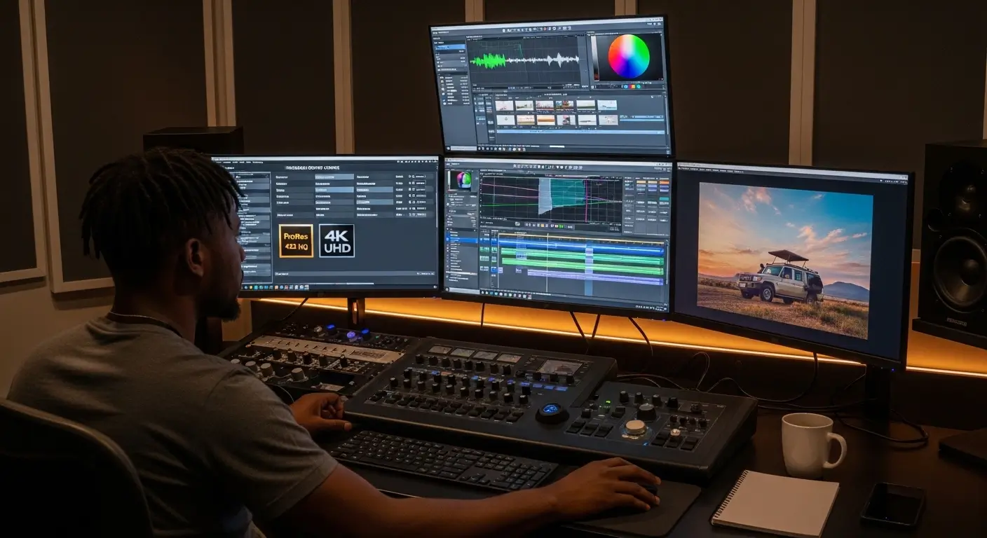 Kenyan post production editor color grading and sound designing a commercial video in a professional Nairobi edit suite with multiple monitors displaying timeline and broadcast export settings