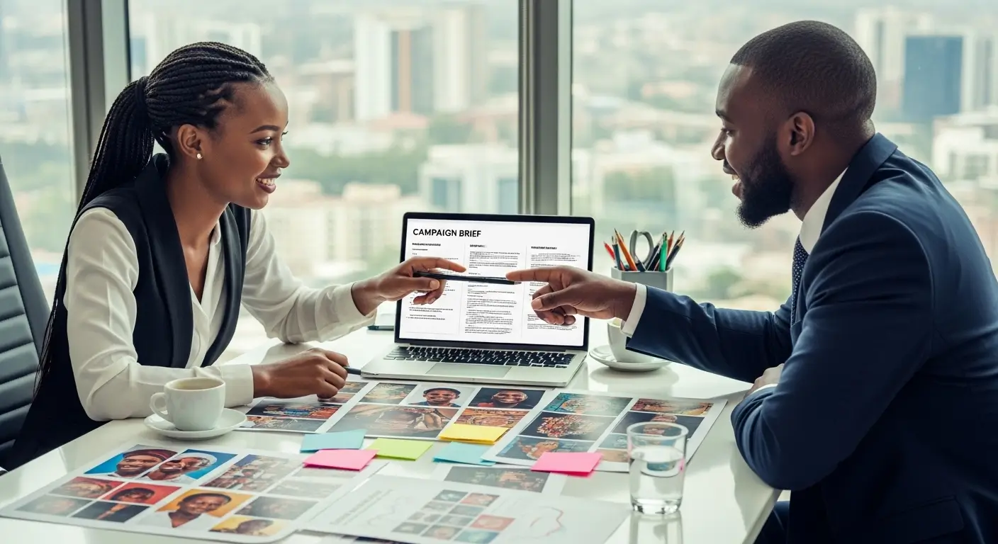 Kenyan advertising consultant and business client reviewing a commercial campaign brief with mood boards and brand guidelines on a Nairobi conference table