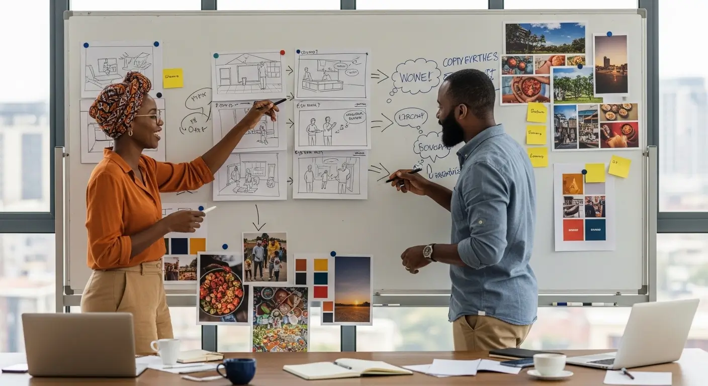 Kenyan creative director and copywriter collaborating on a commercial scriptwriting and creative strategy session at a whiteboard in a Nairobi studio