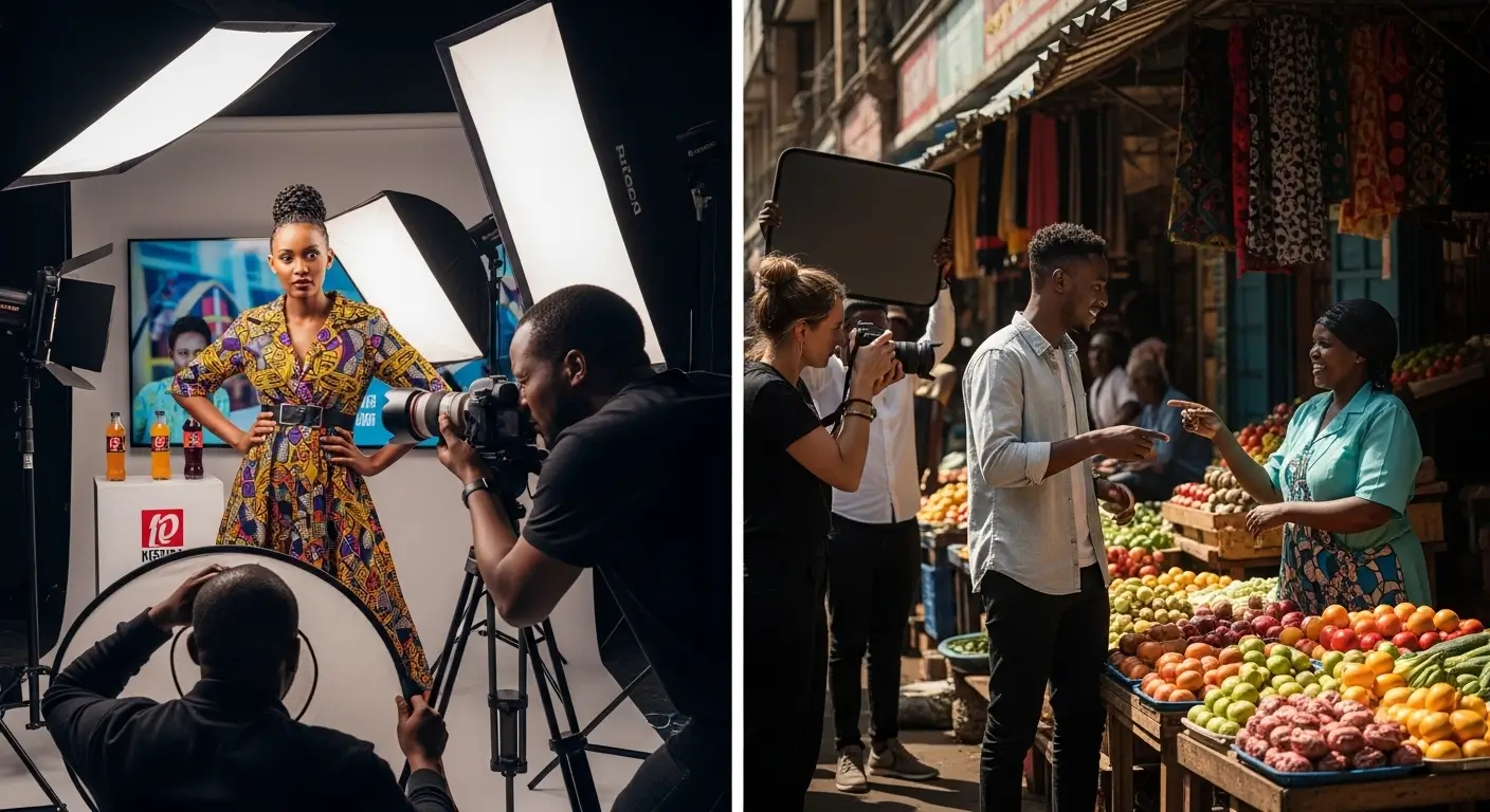 Split scene showing professional Kenyan commercial video shoots both inside a modern Nairobi studio and on location at a vibrant Nairobi street market