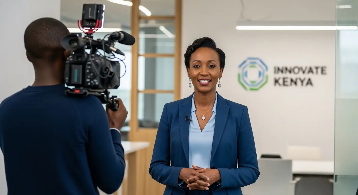 Kenyan CEO recording a professional corporate profile video in a modern branded Nairobi office with professional lighting and camera crew