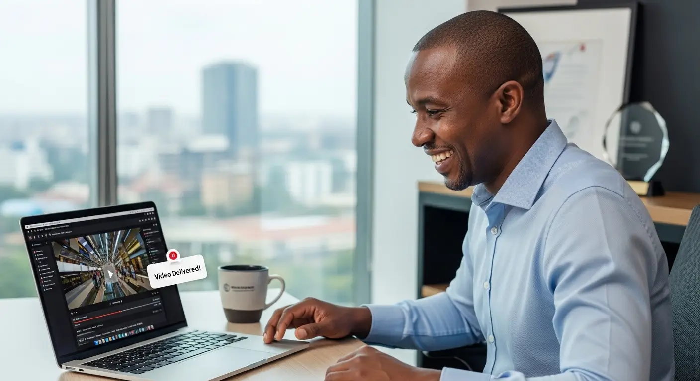 Satisfied Kenyan business client watching their completed corporate video on a laptop after final delivery from Shikisha Africa video production in Nairobi