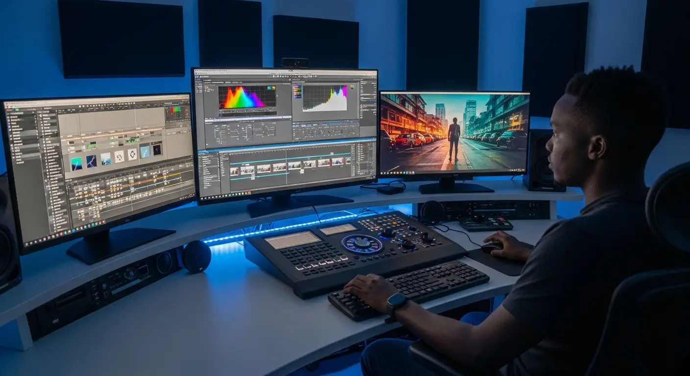 Kenyan video editor working on corporate video color grading and post production in a professional Nairobi edit suite with multiple monitors