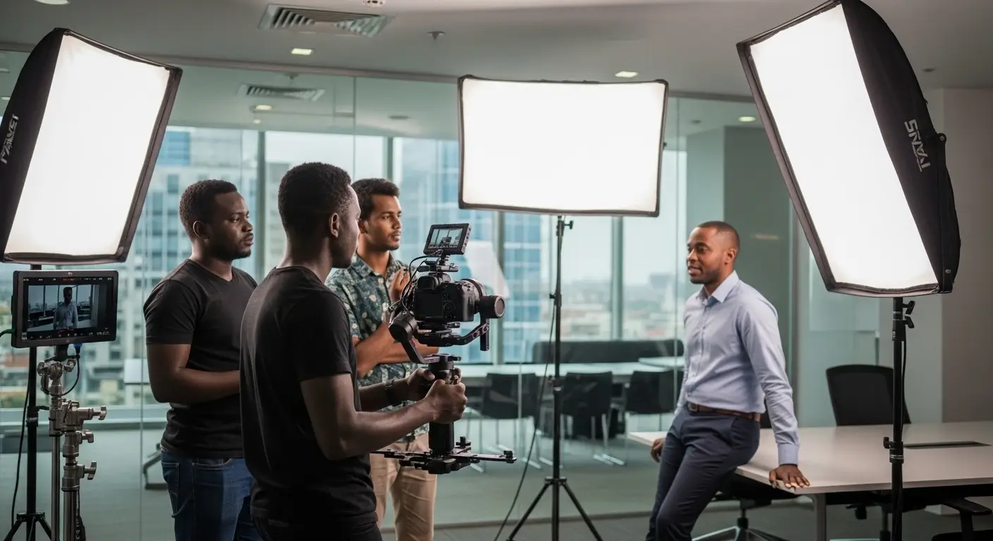 Kenyan camera operator and director filming a corporate video on location in a modern Nairobi office building with cinema grade equipment and professional lighting