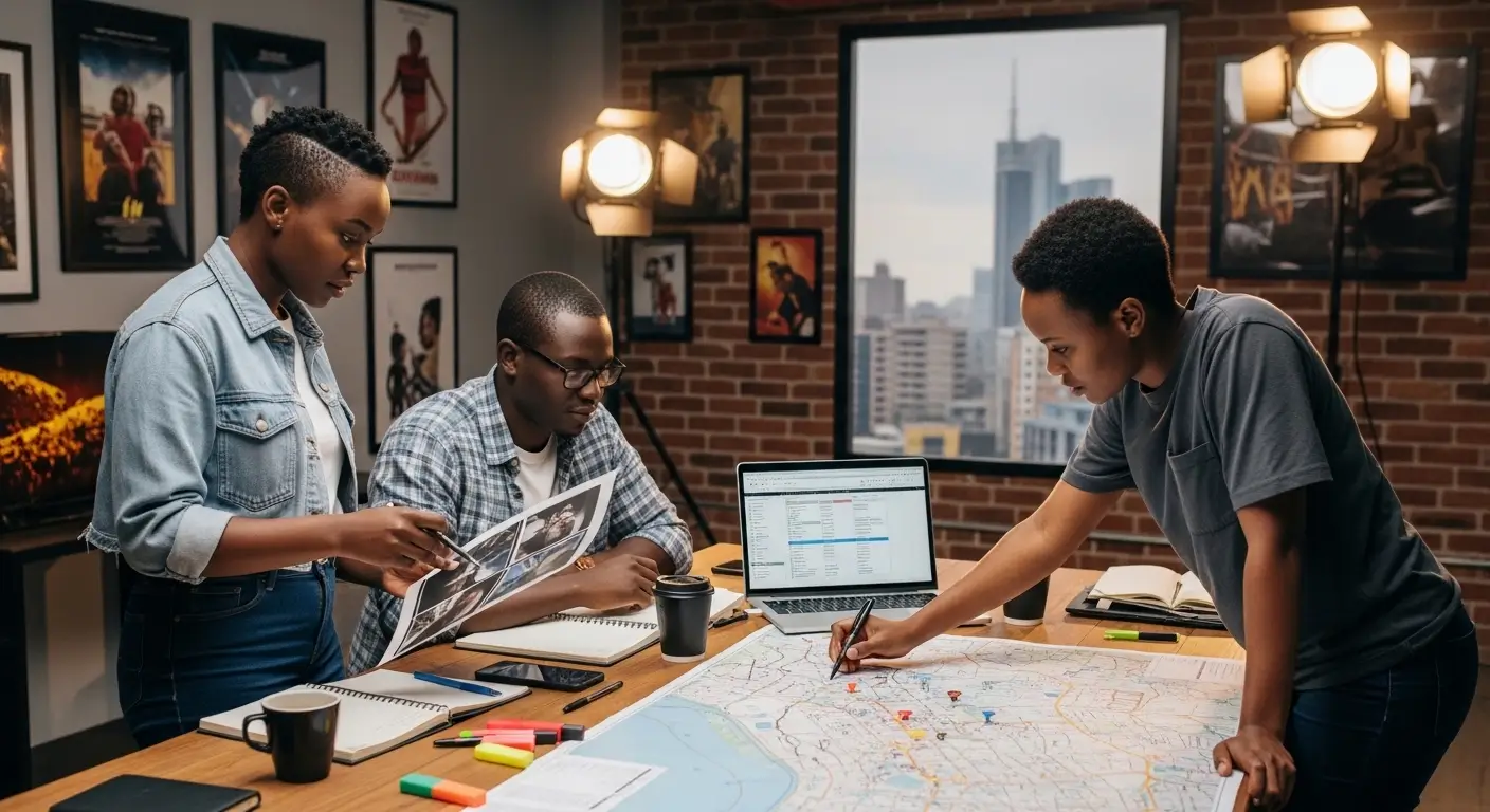 Kenyan video production team reviewing storyboards and production schedules during corporate video pre-production planning in a Nairobi studio