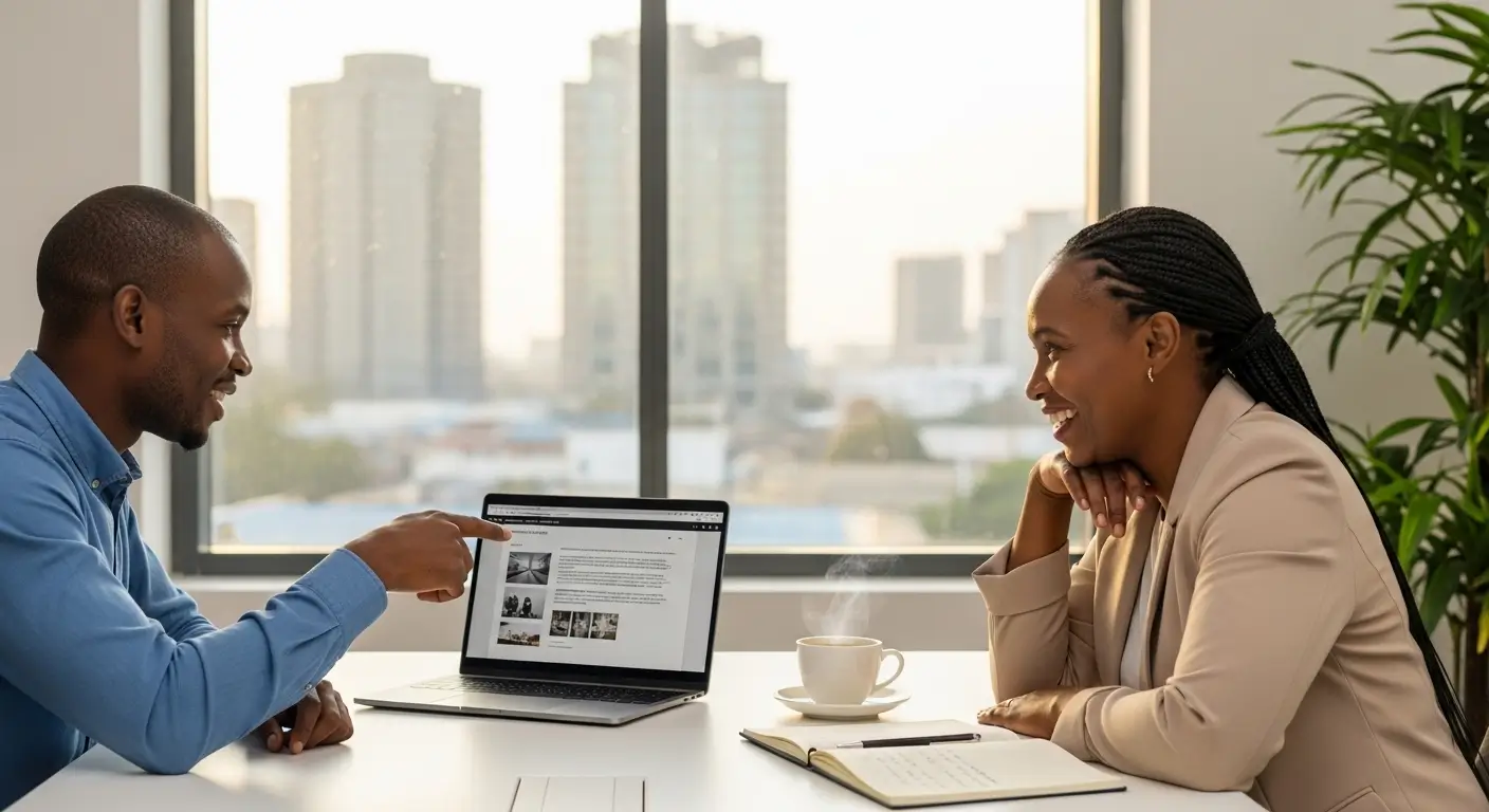 Kenyan video production consultant and business client reviewing a corporate video production brief together in a modern Nairobi office