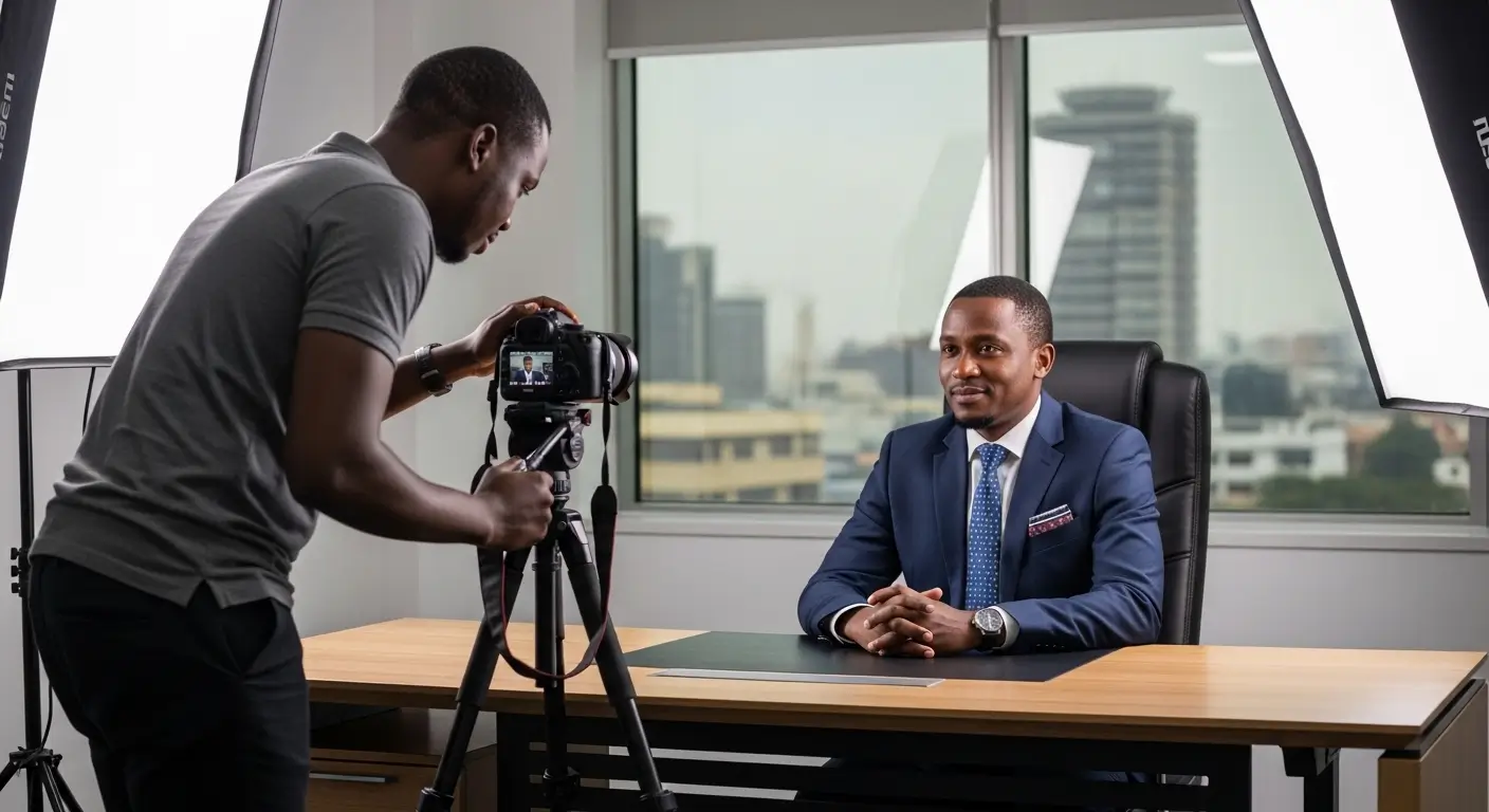 Professional corporate video production shoot in a modern Nairobi office with a Kenyan businessman and camera crew