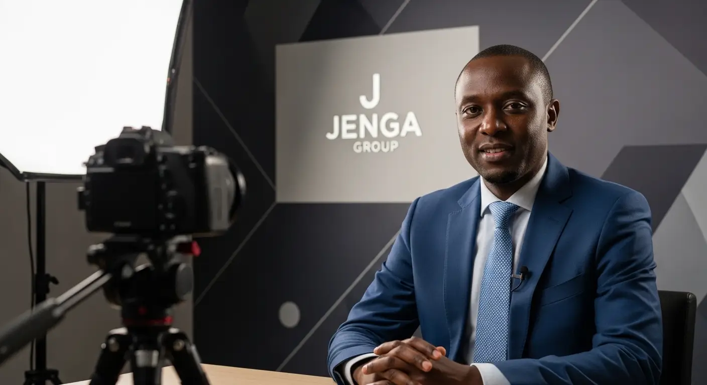 Kenyan male executive recording a professional spokesperson video in a branded interview setup with professional lighting in a Nairobi studio