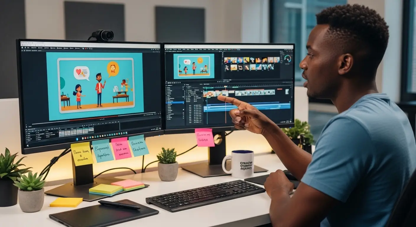Kenyan motion graphics designer creating an animated explainer video on a dual monitor workstation in Nairobi