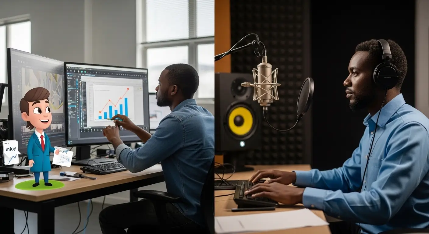 Split scene showing Kenyan animator bringing characters to life on workstation and voiceover artist recording narration simultaneously in a Nairobi production facility