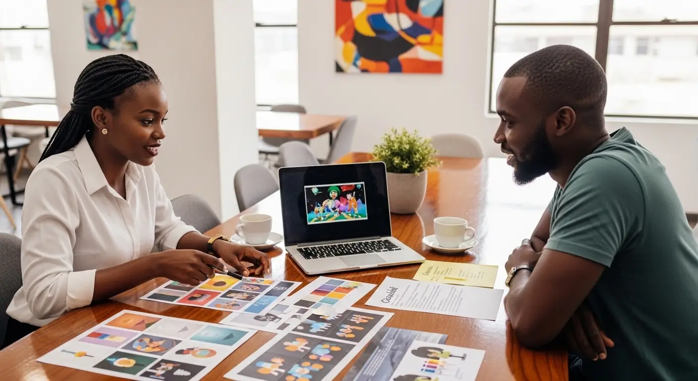 Kenyan explainer video consultant and startup founder reviewing animation style references and creative brief together in a bright Nairobi co-working space