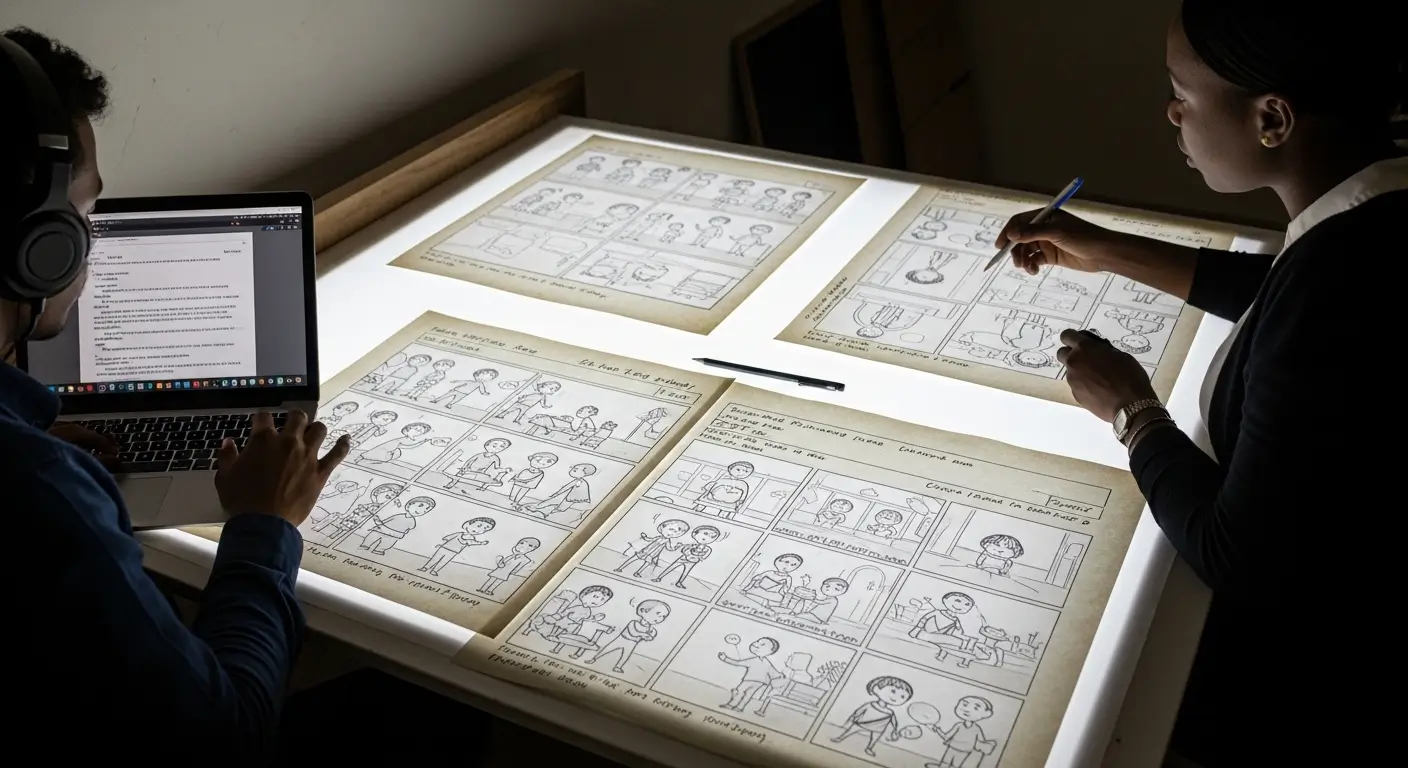 Kenyan scriptwriter and storyboard artist collaborating on explainer video script and detailed storyboard panels at a large light table in a Nairobi animation studio