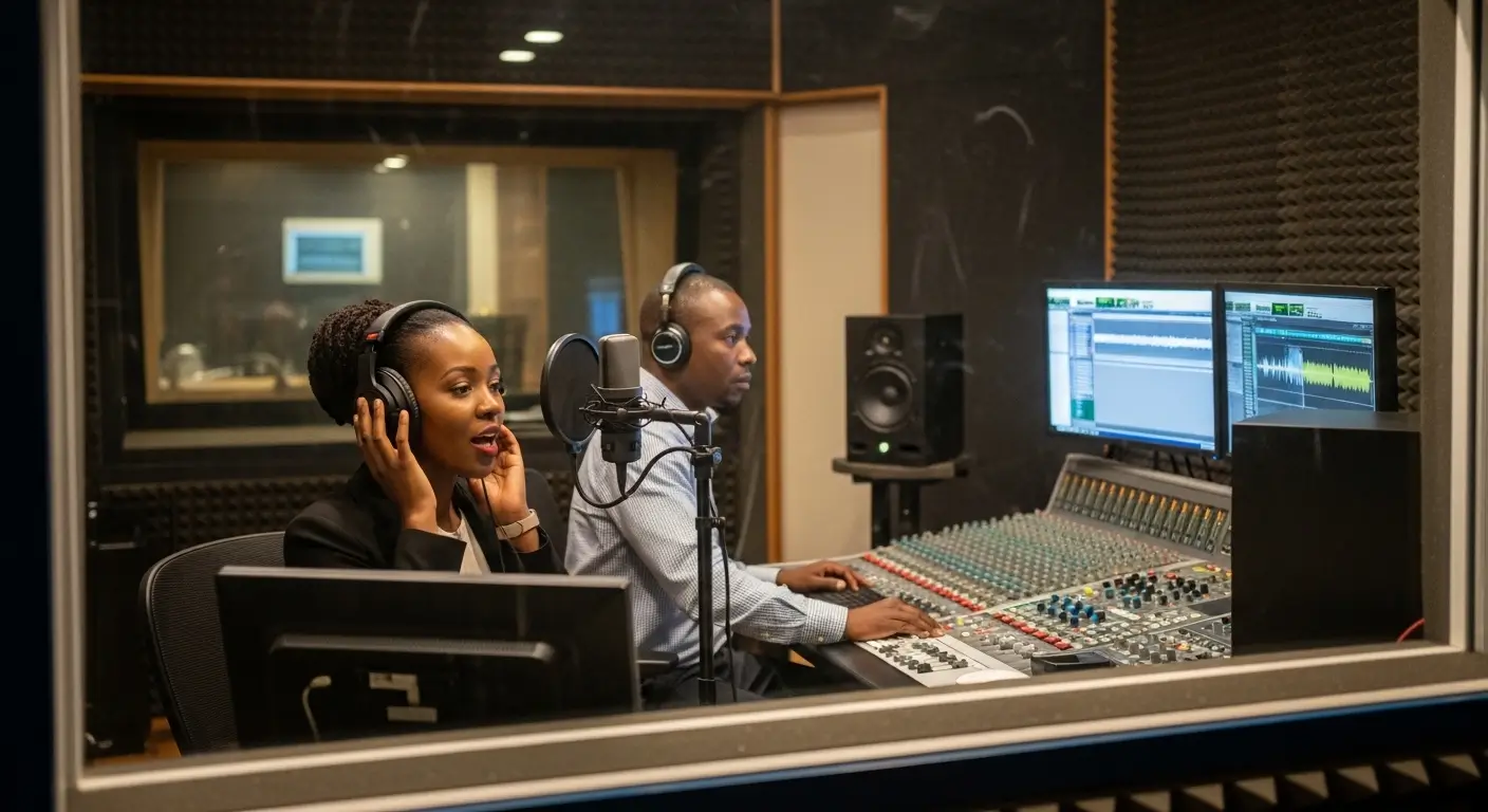 Kenyan voiceover artist recording a professional explainer video script in a Nairobi sound booth while a sound engineer monitors levels through the glass