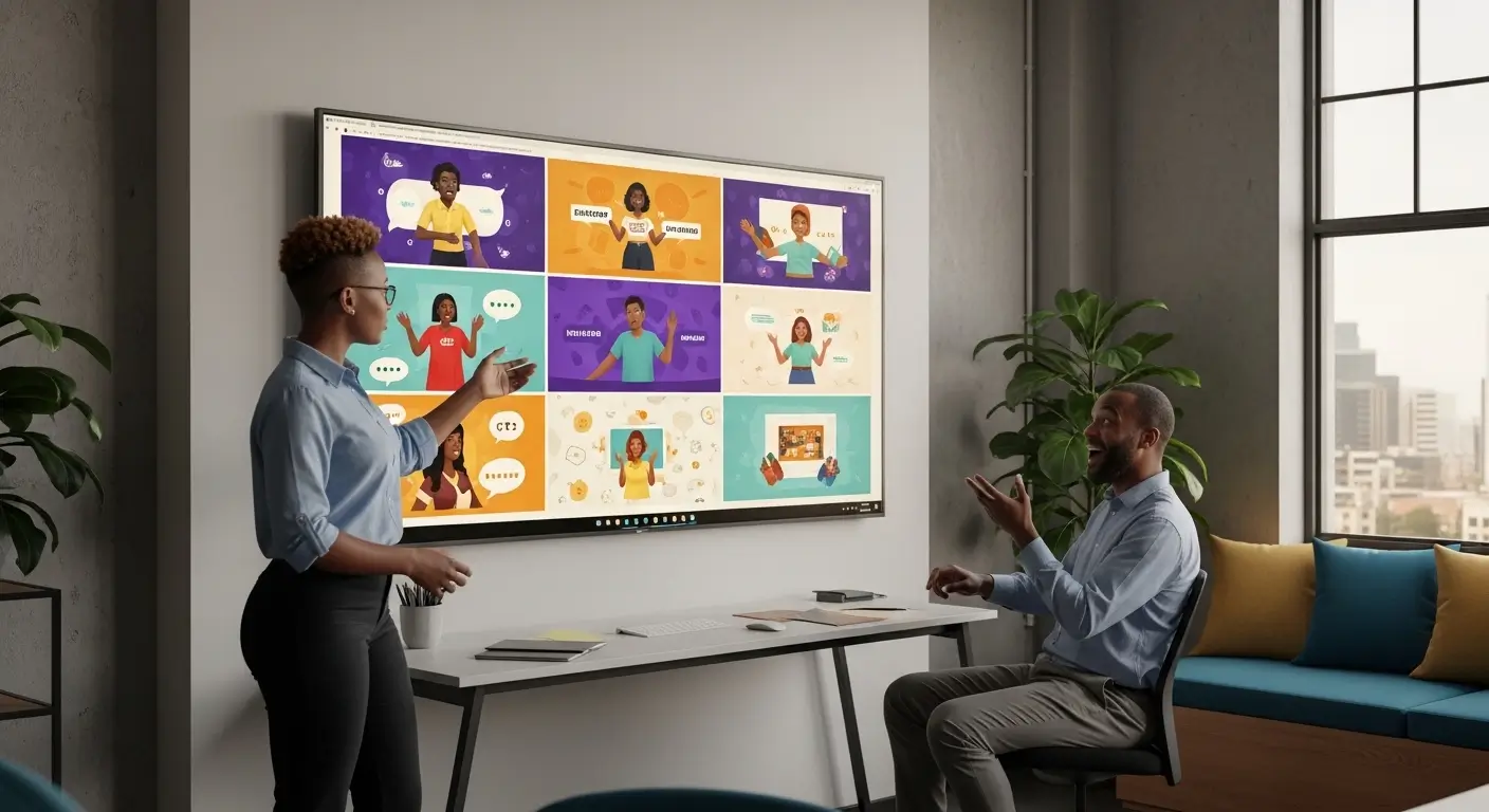 Kenyan graphic designer presenting colorful explainer video style frames with character designs and branded backgrounds to an excited client in a modern Nairobi design studio