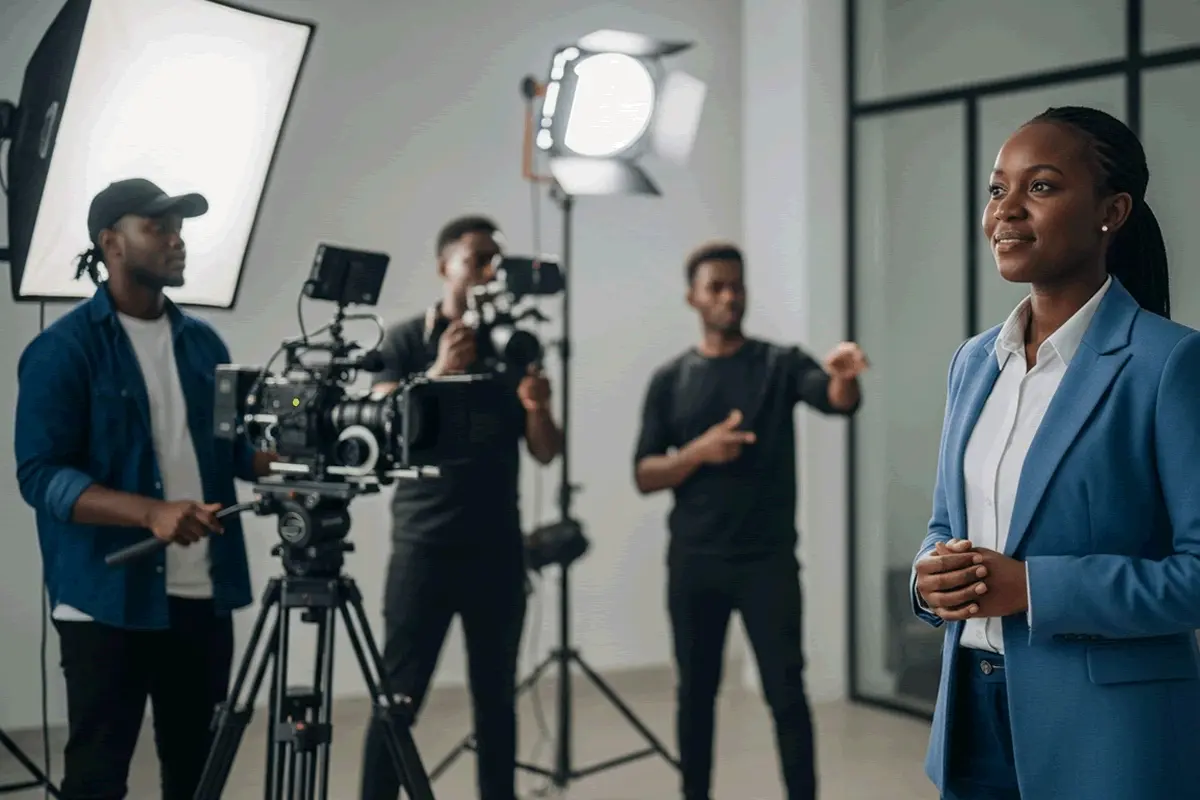 Professional video production team filming a corporate scene in a modern studio, representing a leading video production company in Kenya