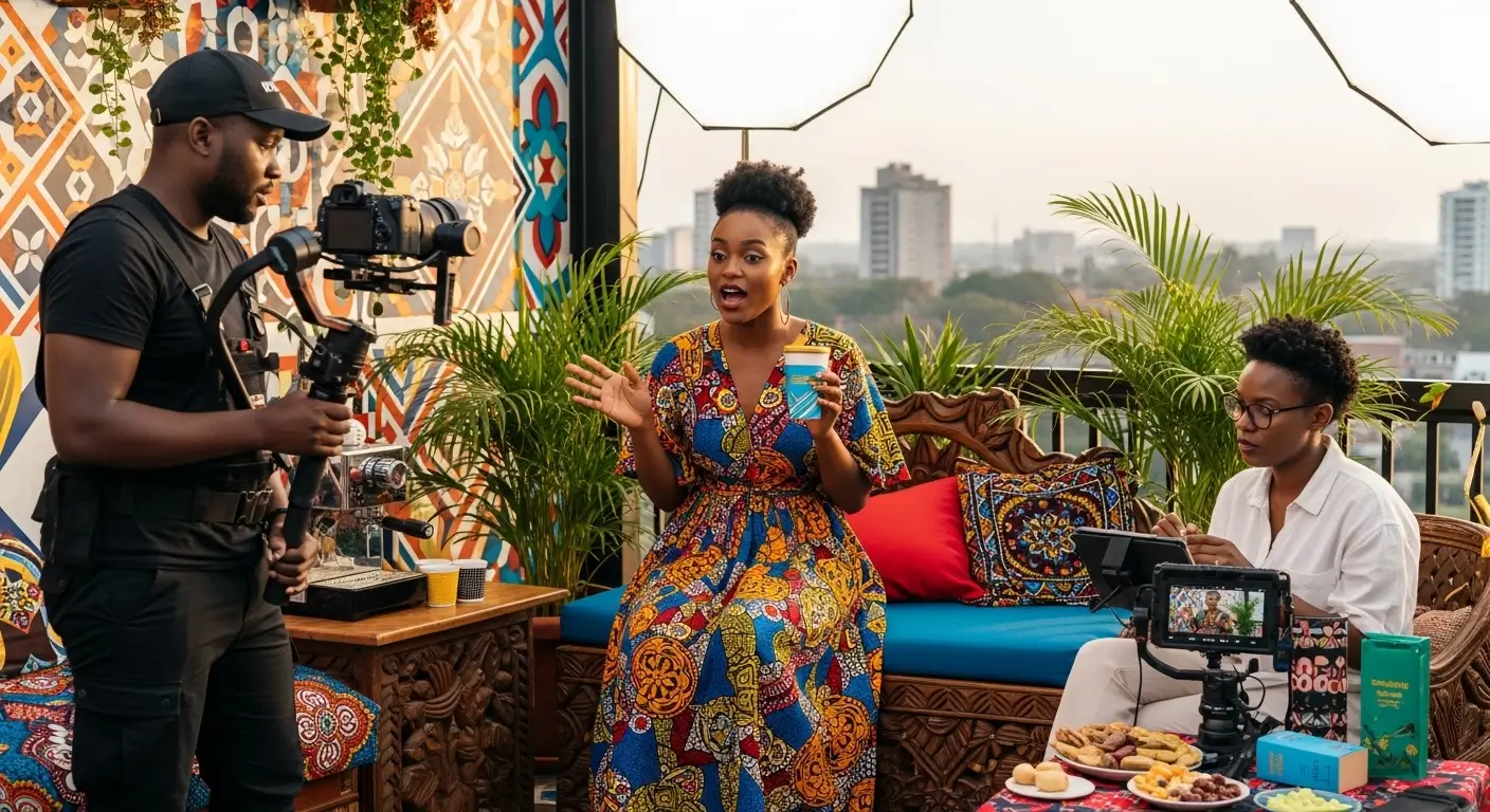 Kenyan content creator recording a professional Instagram reel on location in Nairobi with a camera operator on gimbal and creative director reviewing playback