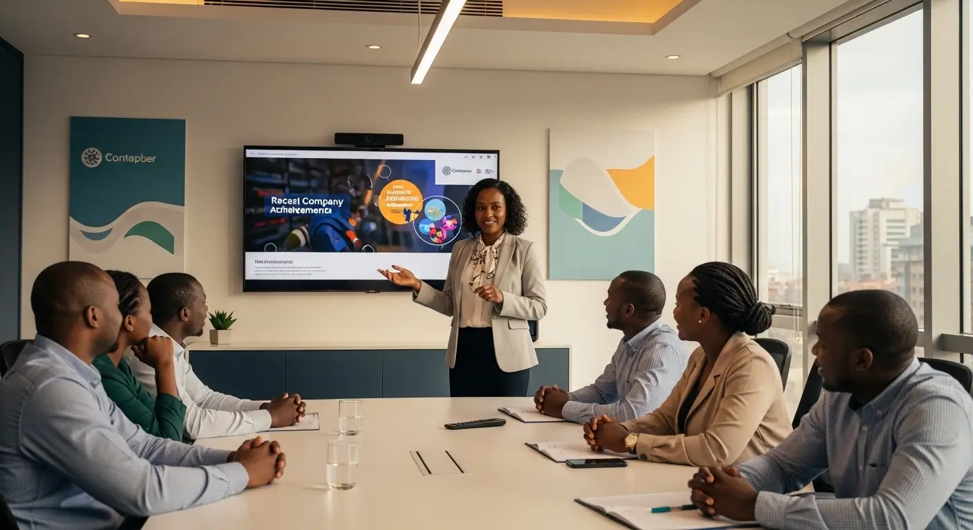 Kenyan HR manager presenting an internal communications video to employees in a modern Nairobi conference room with engaged team members