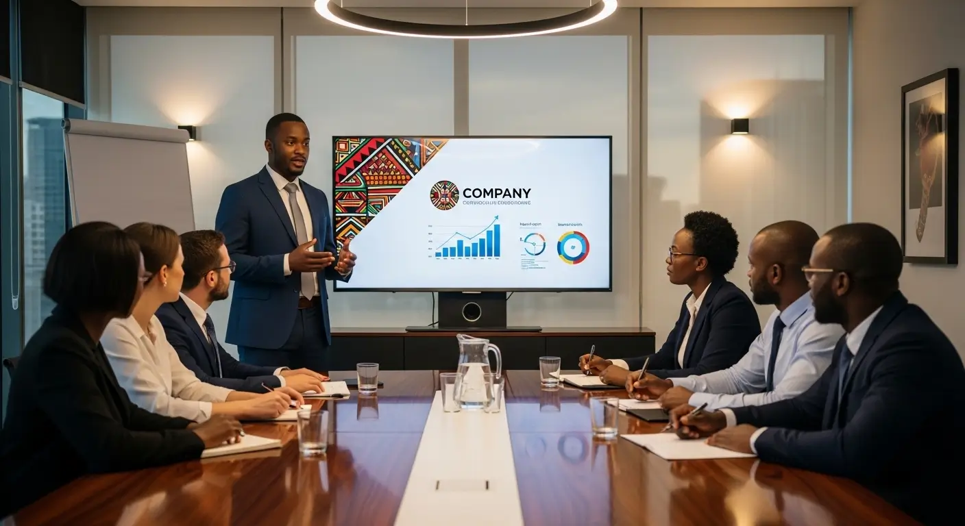 Kenyan entrepreneur presenting a professional investor video to stakeholders in a modern Nairobi boardroom with branded presentation on screen