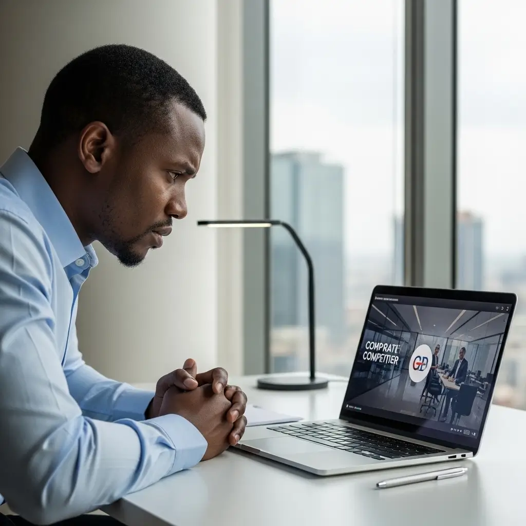 Frustrated Kenyan business professional reviewing a competitor's corporate video on a laptop in a Kenyan office highlighting the need for professional video production