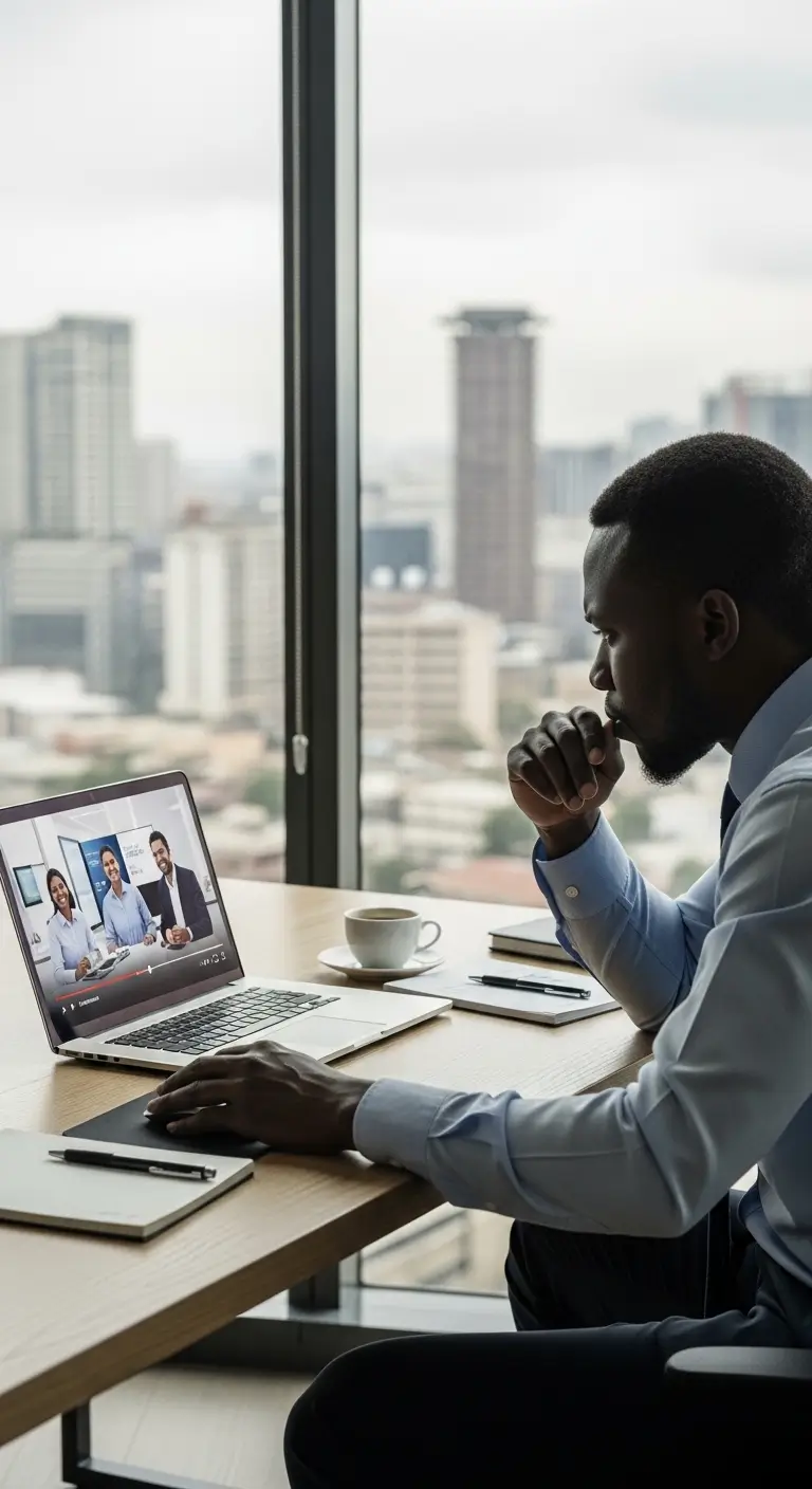 Frustrated Kenyan business professional reviewing a competitor's corporate video on a laptop in a Nairobi office highlighting the need for professional video production
