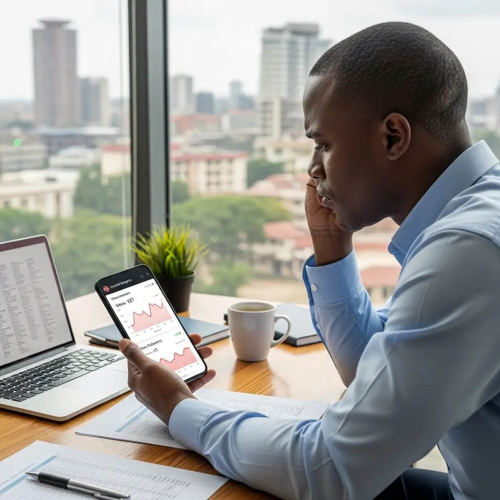 Frustrated Male Kenyan business owner looking at social media analytics dashboard showing low engagement and poor video content performance on their phone in a Nairobi office