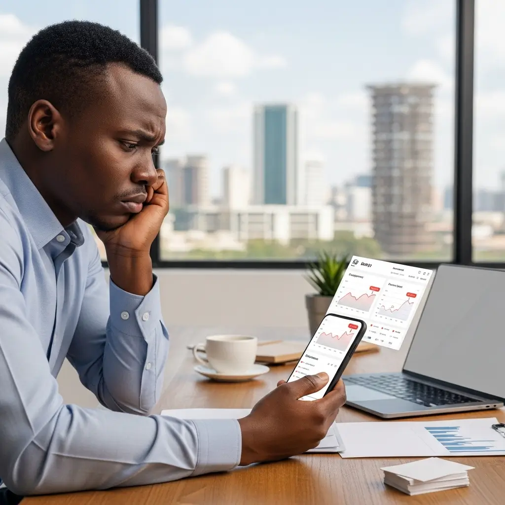 Frustrated Kenyan business owner looking at social media analytics dashboard showing low engagement and poor video content performance on their phone in a Nairobi office
