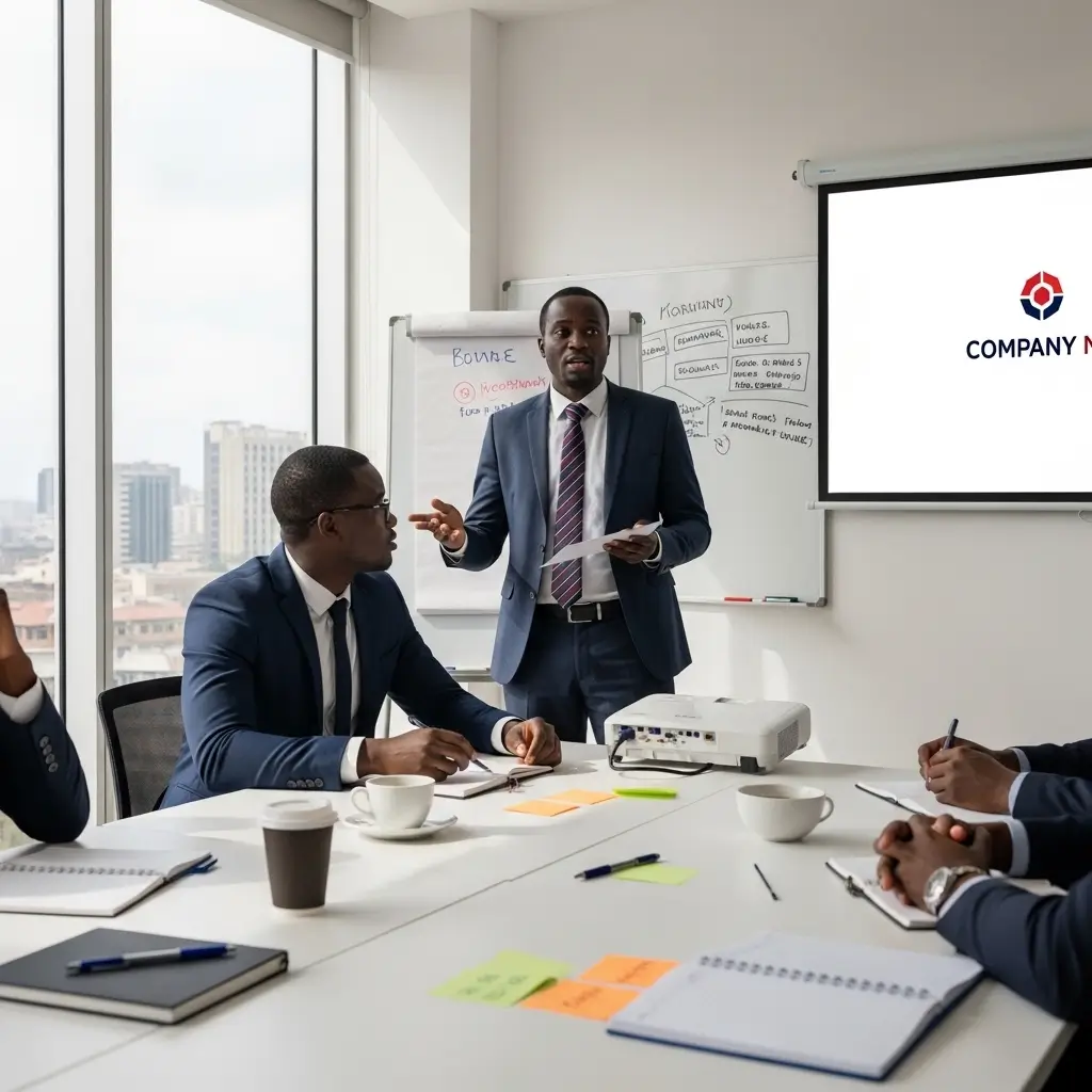 Kenyan business professional standing at a whiteboard covered in complex diagrams trying to explain services to confused and disengaged clients in a kenyan boardroom