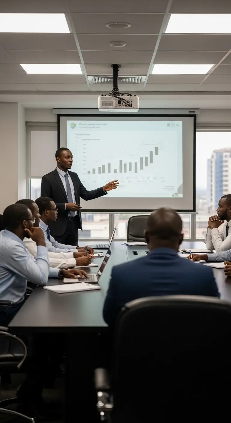 Kenyan business professional standing at a whiteboard covered in complex diagrams trying to explain services to confused and disengaged clients in a Nairobi boardroom