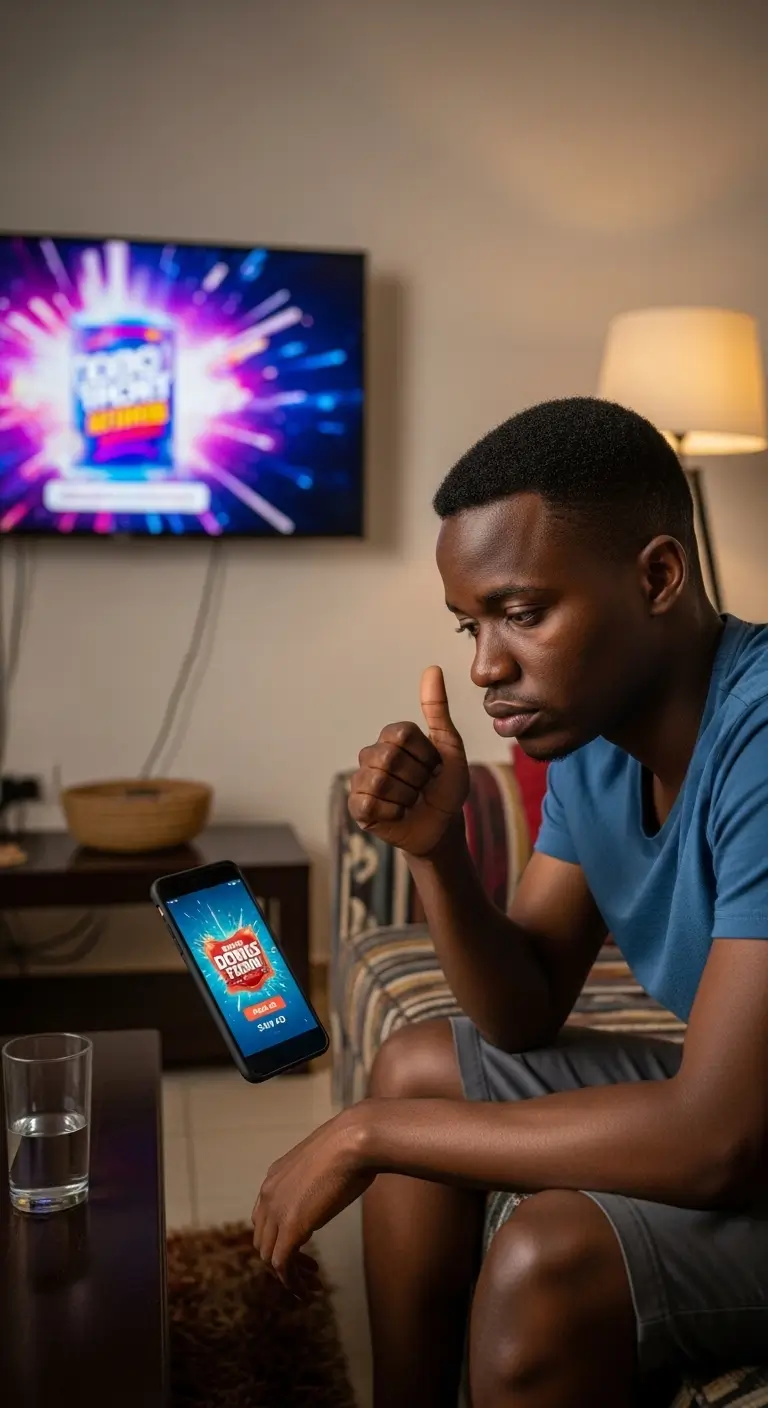 Kenyan male consumer sitting at home scrolling through phone and skipping advertisements on streaming platform illustrating the challenge of ad fatigue in Kenya