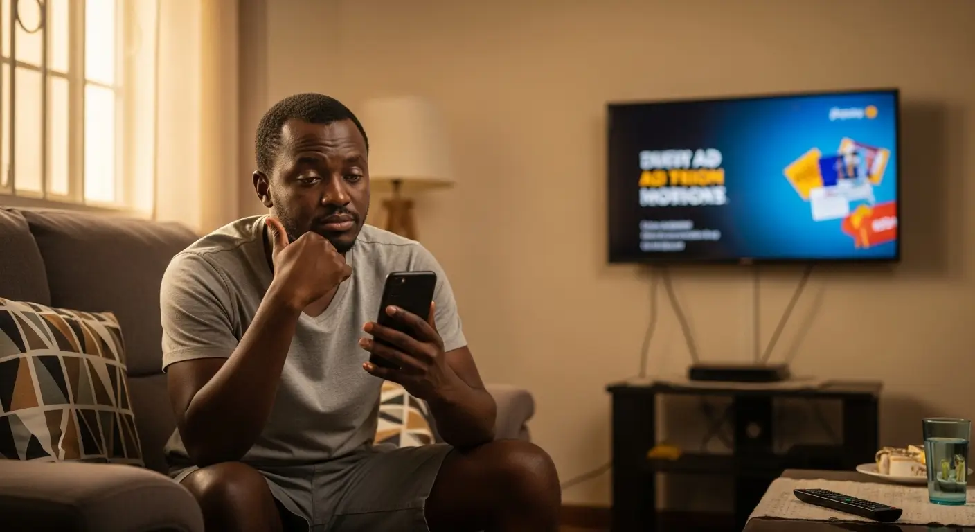 Kenyan consumer sitting at home scrolling through phone and skipping advertisements on streaming platform illustrating the challenge of ad fatigue in Kenya