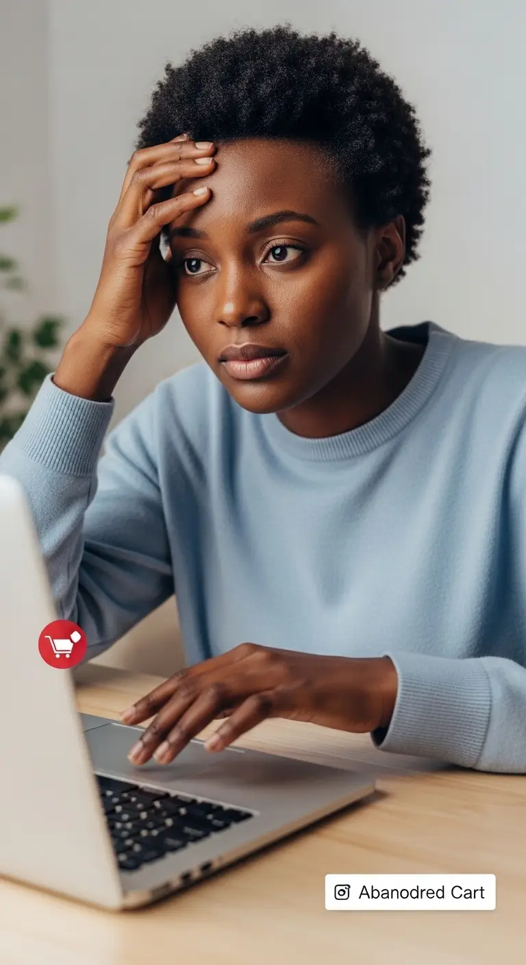 Frustrated Kenyan online shopper hesitating over an abandoned cart on a laptop showing a product listing with no video in their Nairobi home