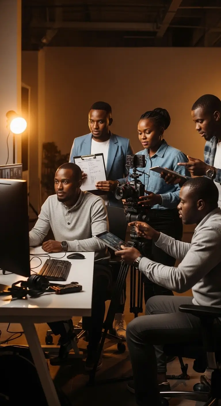 A professional Kenyan video production team collaborating around an editing workstation in a modern Nairobi studio with cameras and professional equipment