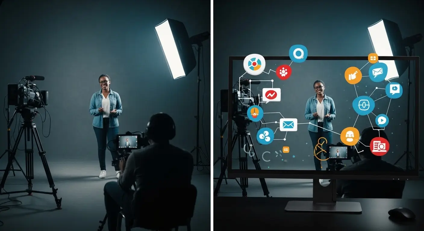 Mixed media explainer video production in Nairobi showing live action Kenyan spokesperson footage being combined with animated graphics and callouts in a professional studio