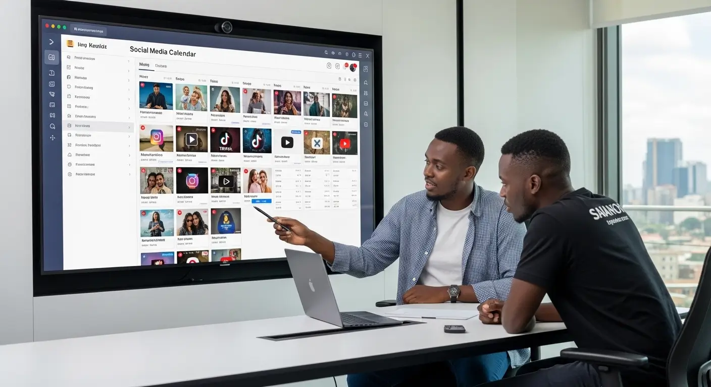 Kenyan content strategist and video producer reviewing a monthly social media video content calendar with scheduled posts and platform thumbnails in a modern Nairobi creative agency