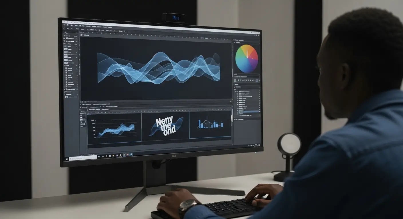 Kenyan motion graphics designer creating a sophisticated branded animated sequence with kinetic typography and data visualizations in Adobe After Effects in a Nairobi studio