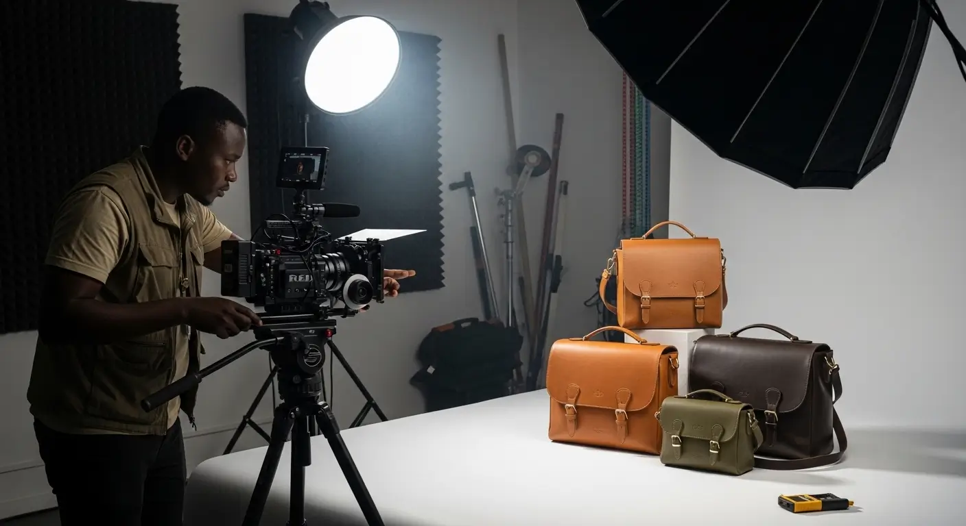 Kenyan videographer filming a professional product video on a clean white studio setup in Nairobi Kenya