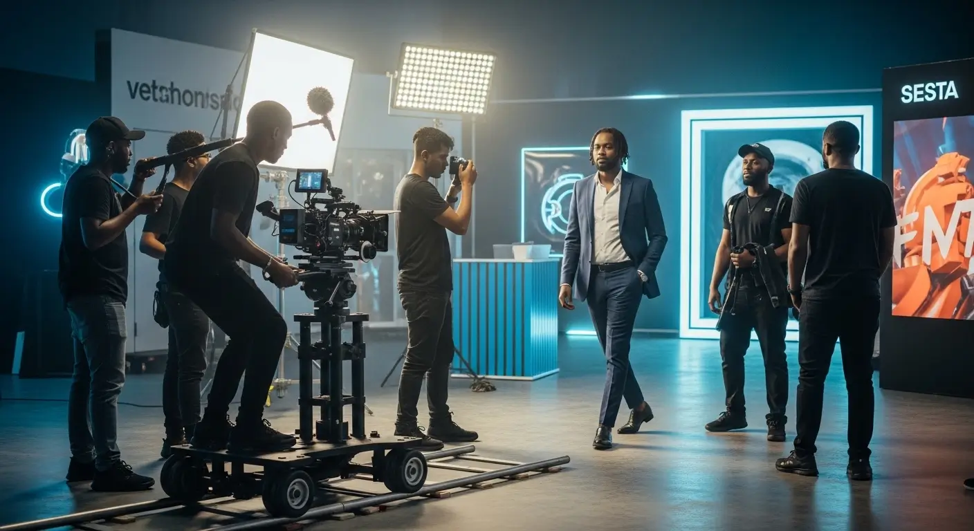 Professional Kenyan commercial film crew filming a brand talent on a dolly track on an active commercial production set in Nairobi Kenya