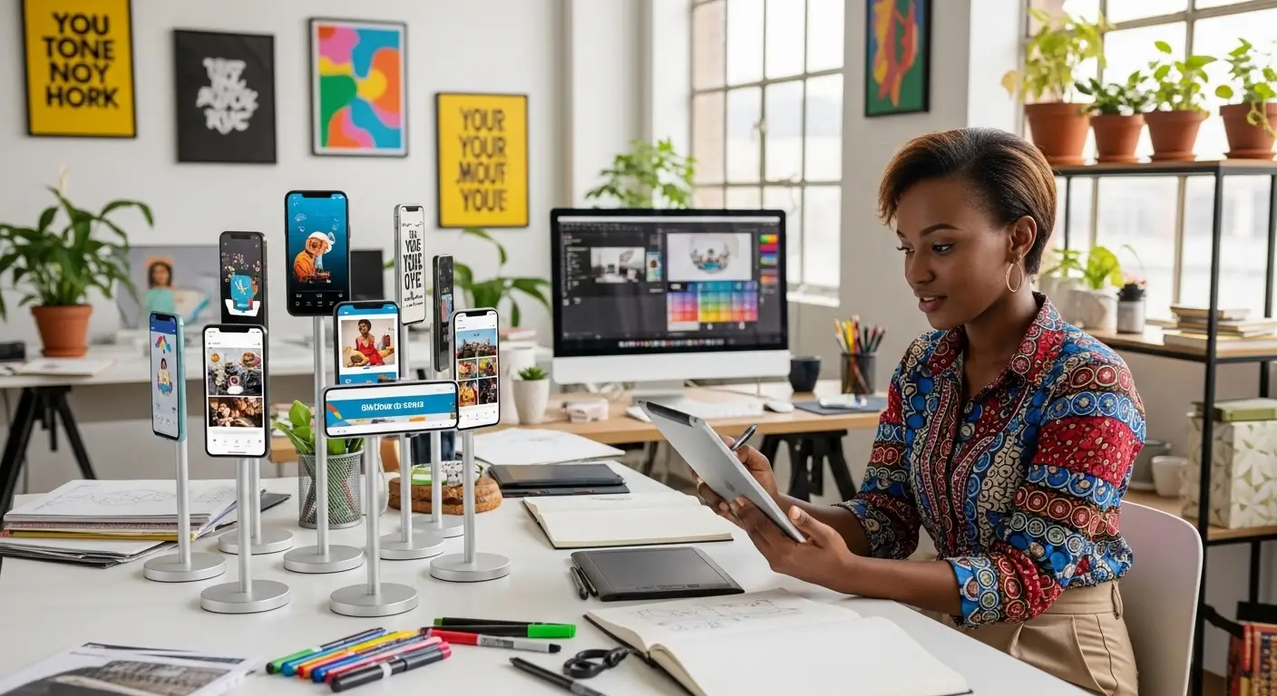 Kenyan creative director reviewing social media advertisement videos on tablet and multiple phone screens in a vibrant Nairobi creative studio