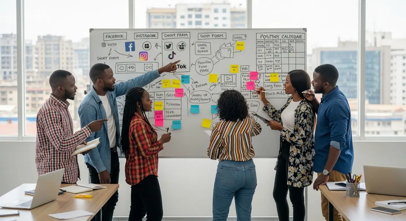 Kenyan creative team mapping out a social media content calendar with video concepts and posting schedules on a large whiteboard in a bright Nairobi studio