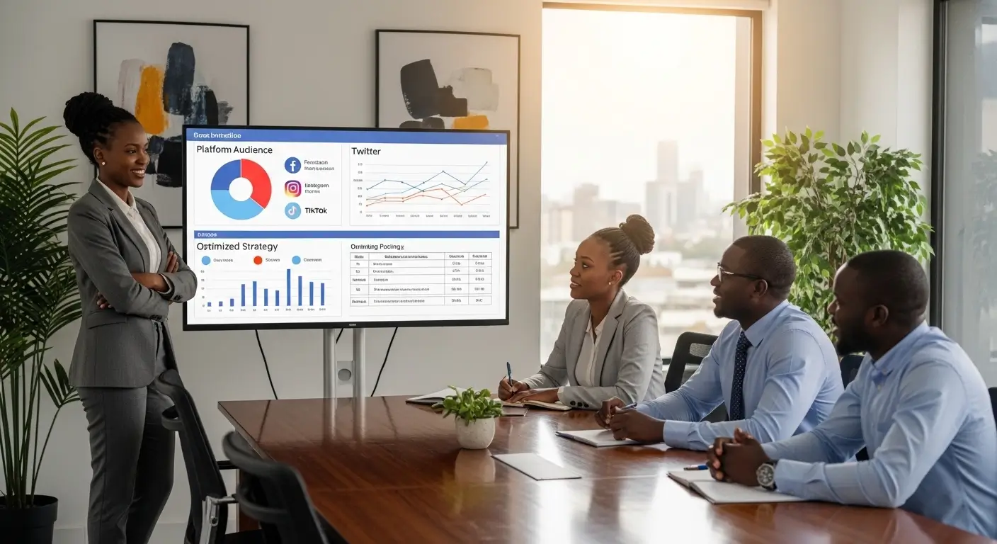 Kenyan social media strategist presenting a content optimization strategy with analytics and performance graphs to a business team in a bright Nairobi boardroom