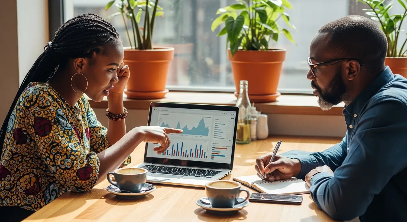 Kenyan social media consultant and business owner reviewing current social media content performance and strategy on a laptop at a Nairobi coffee shop