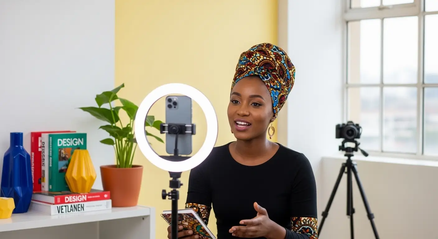 Young Kenyan content creator recording social media video with ring light in a modern Nairobi studio